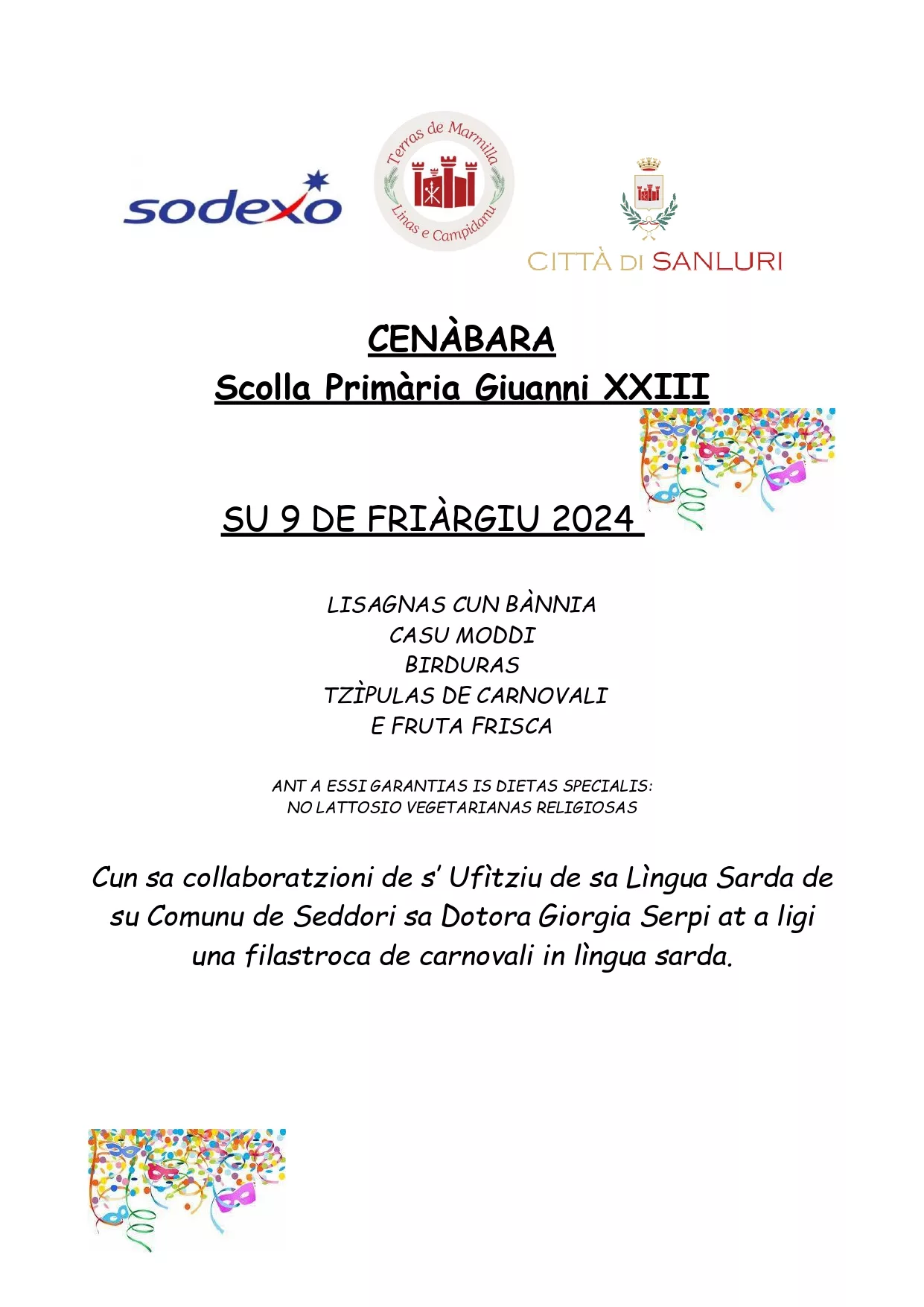 MENU CARNOVALI 2024 SCUOLA PRIMARIA