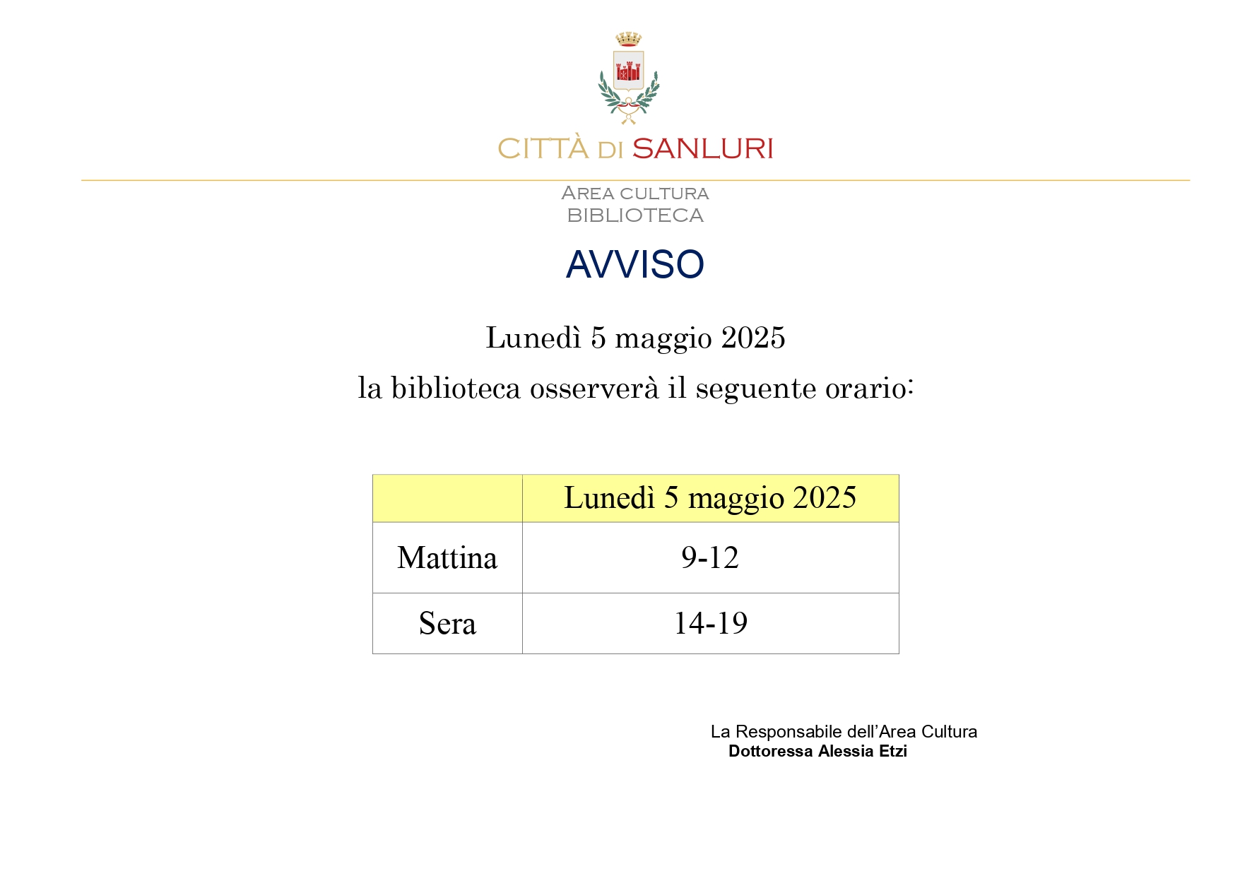 AVVISO variazione orario lunedì 5 5 2025